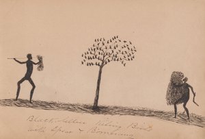 Kwatkwat-mensen - Zwarte man doodt vogels met speer en boemerang (schetsboek van Aboriginal activiteiten) door Tommy McRae